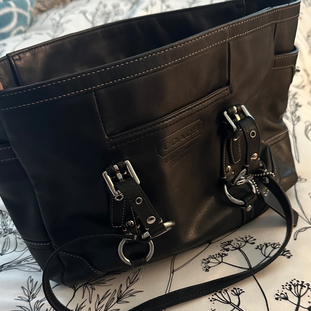 Coach Black Leather Shoulder Bag with Silver Accents